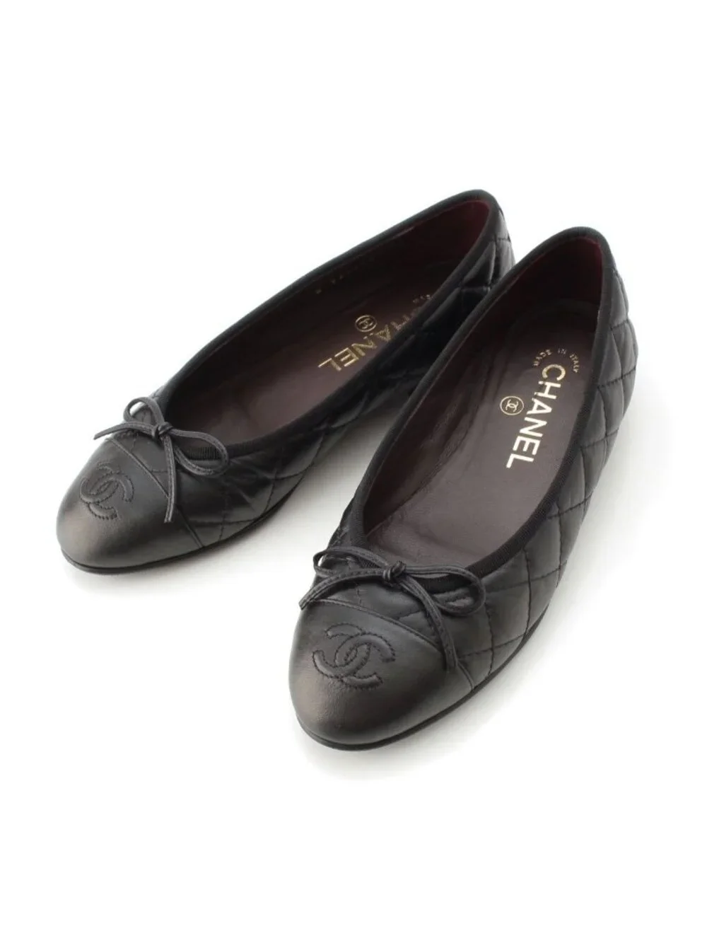 Chanel Leather CC Logo Quilted Ballerina Flat Pumps Shoes Black 35c